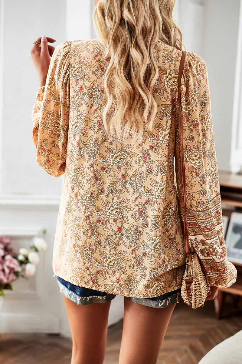 WOMEN TIED V NECK LONG SLEEVE BOHEMIAN BLOUSE