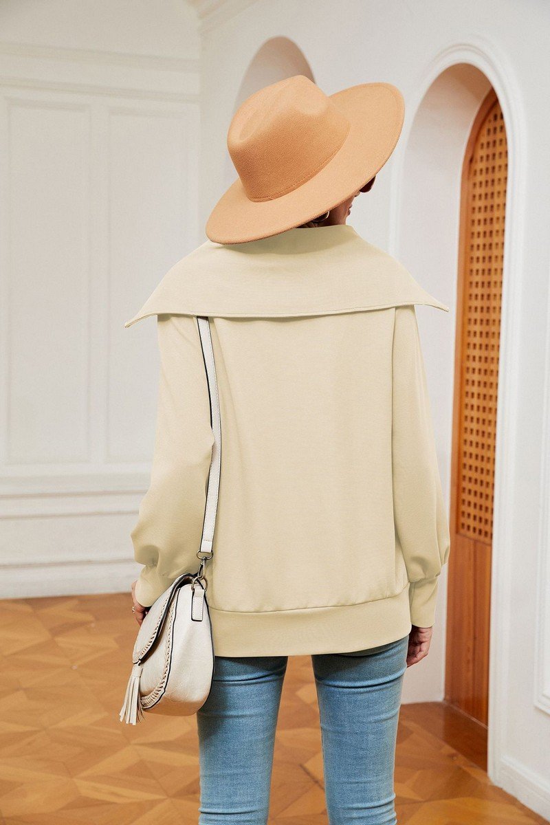 WOMEN LAPEL ZIP UP LONG SLEEVE LOOSE PULLOVER