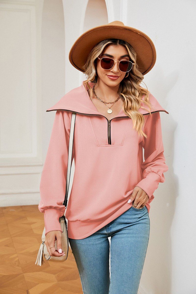WOMEN LAPEL ZIP UP LONG SLEEVE LOOSE PULLOVER