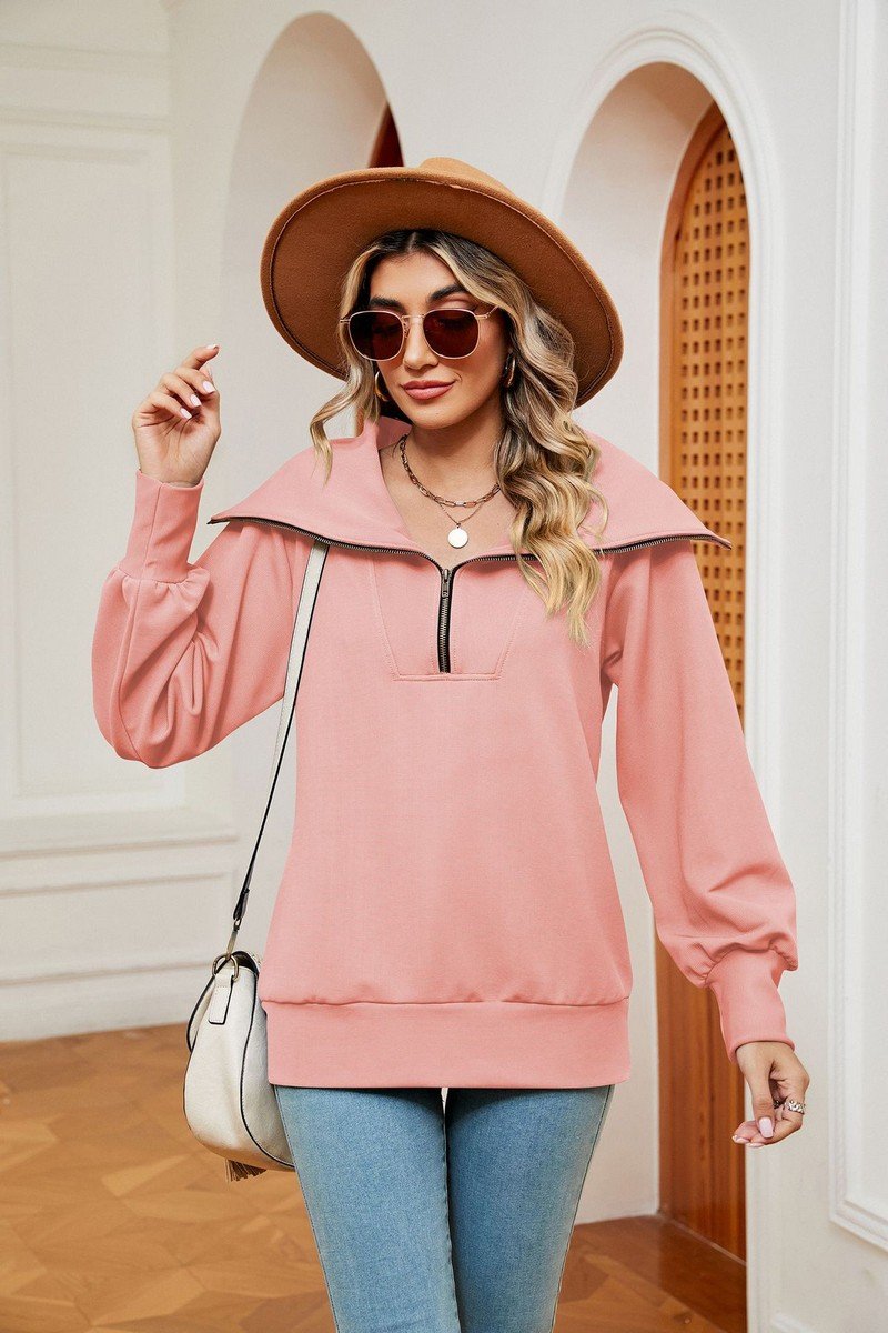 WOMEN LAPEL ZIP UP LONG SLEEVE LOOSE PULLOVER