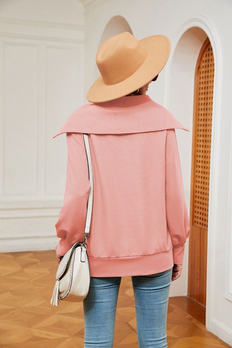 WOMEN LAPEL ZIP UP LONG SLEEVE LOOSE PULLOVER