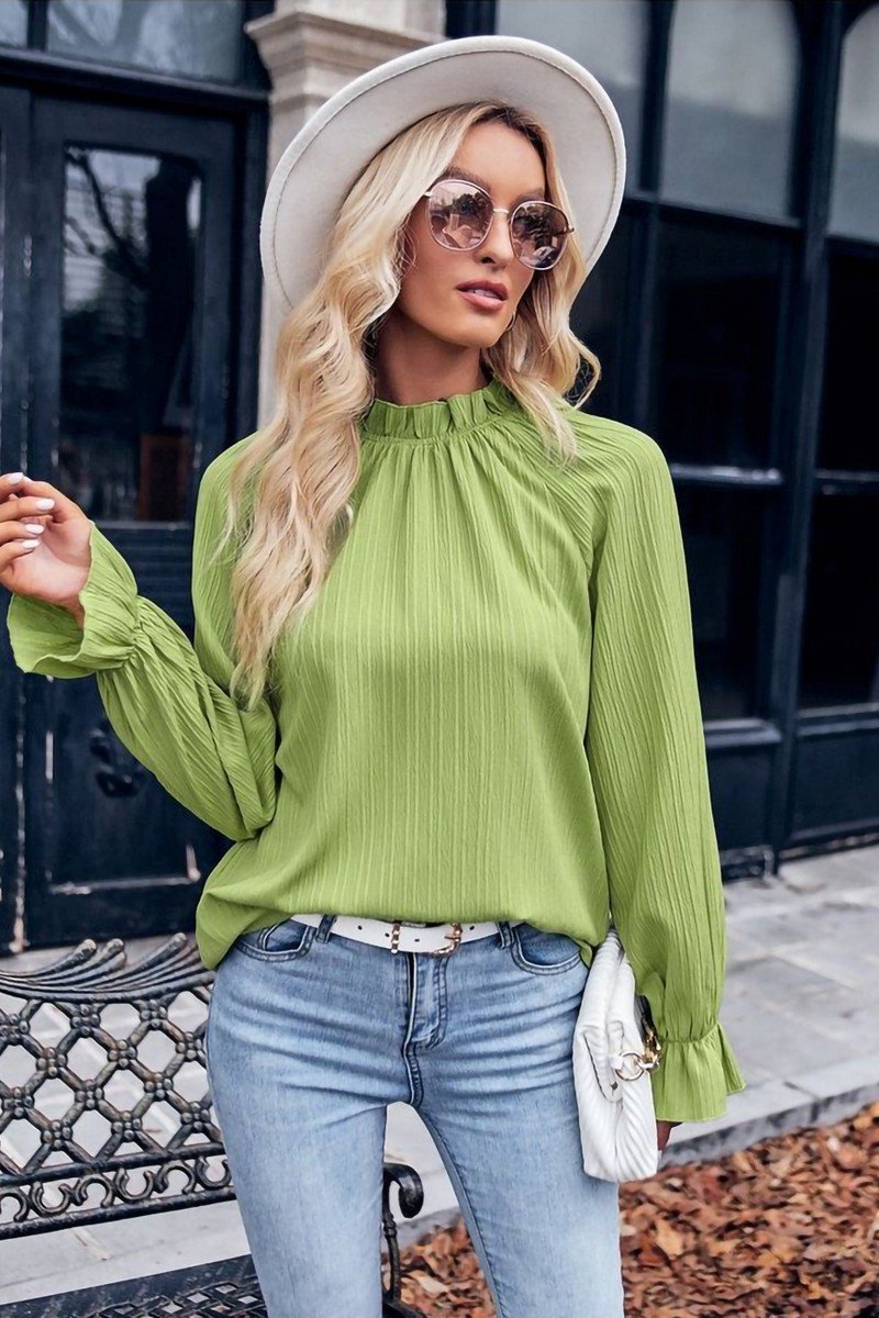 WOMEN SHIRRED HIGH NECK LONG SLEEVE SOLID BLOUSE