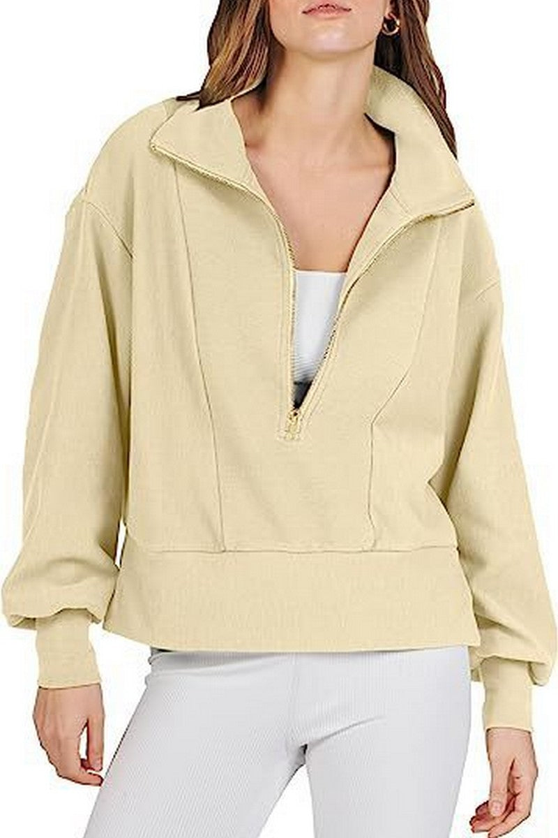 WOMEN HALF ZIP UP HIGH NECK LOOSE FIT PULLOVER
