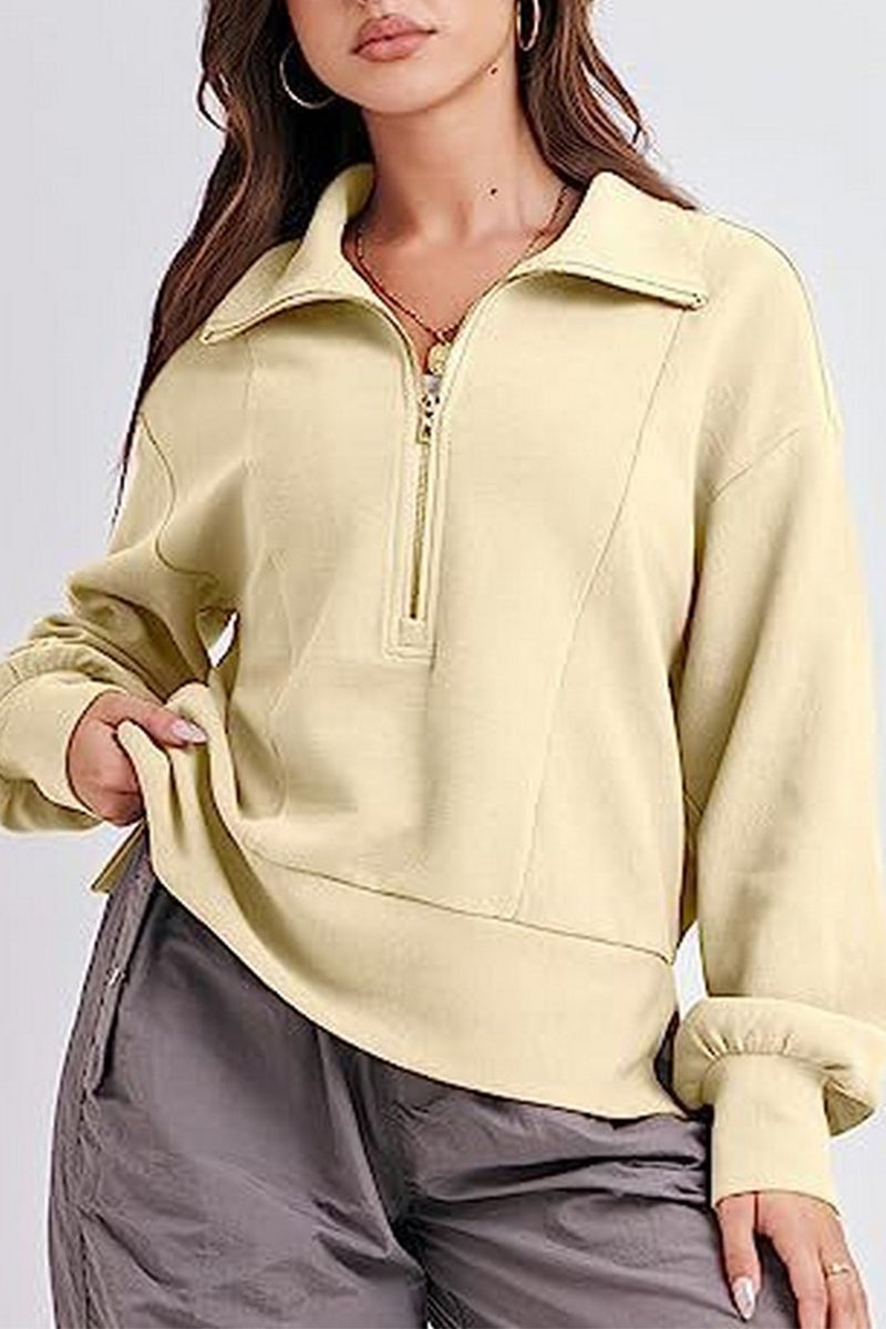 WOMEN HALF ZIP UP HIGH NECK LOOSE FIT PULLOVER