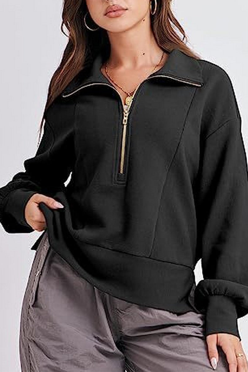 WOMEN HALF ZIP UP HIGH NECK LOOSE FIT PULLOVER