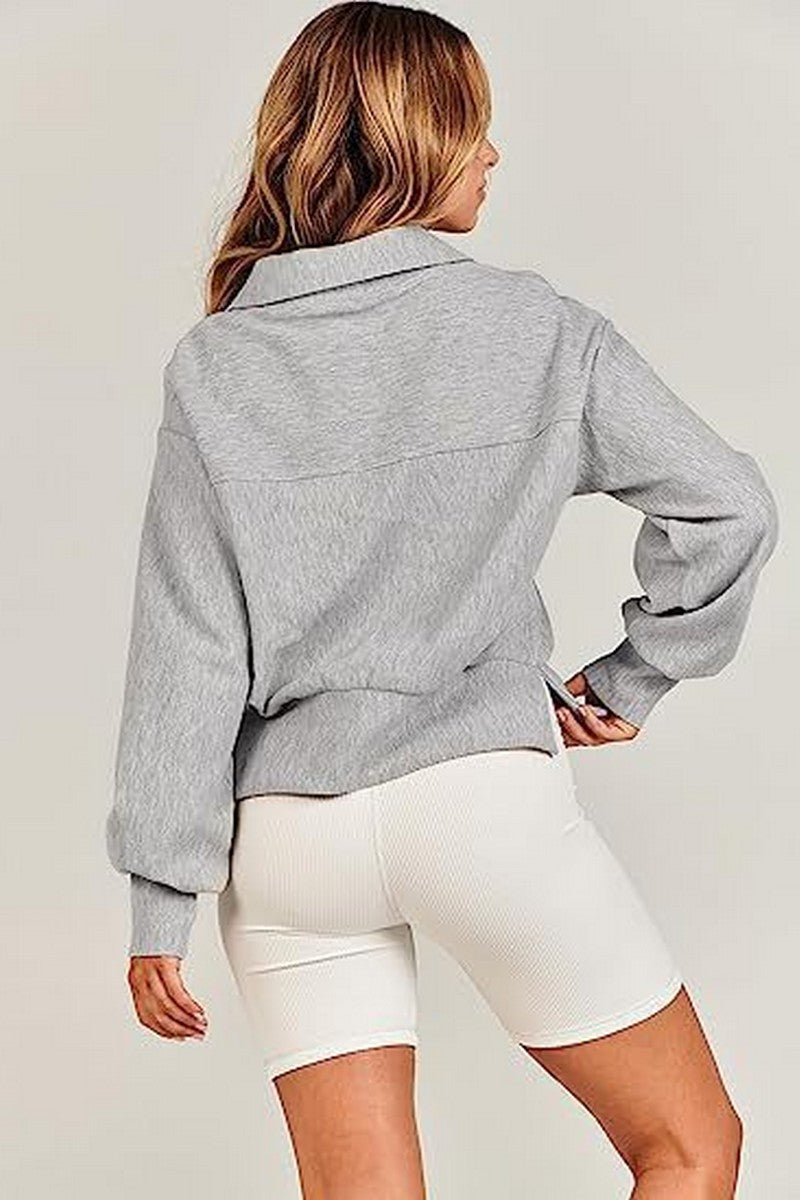 WOMEN HALF ZIP UP HIGH NECK LOOSE FIT PULLOVER