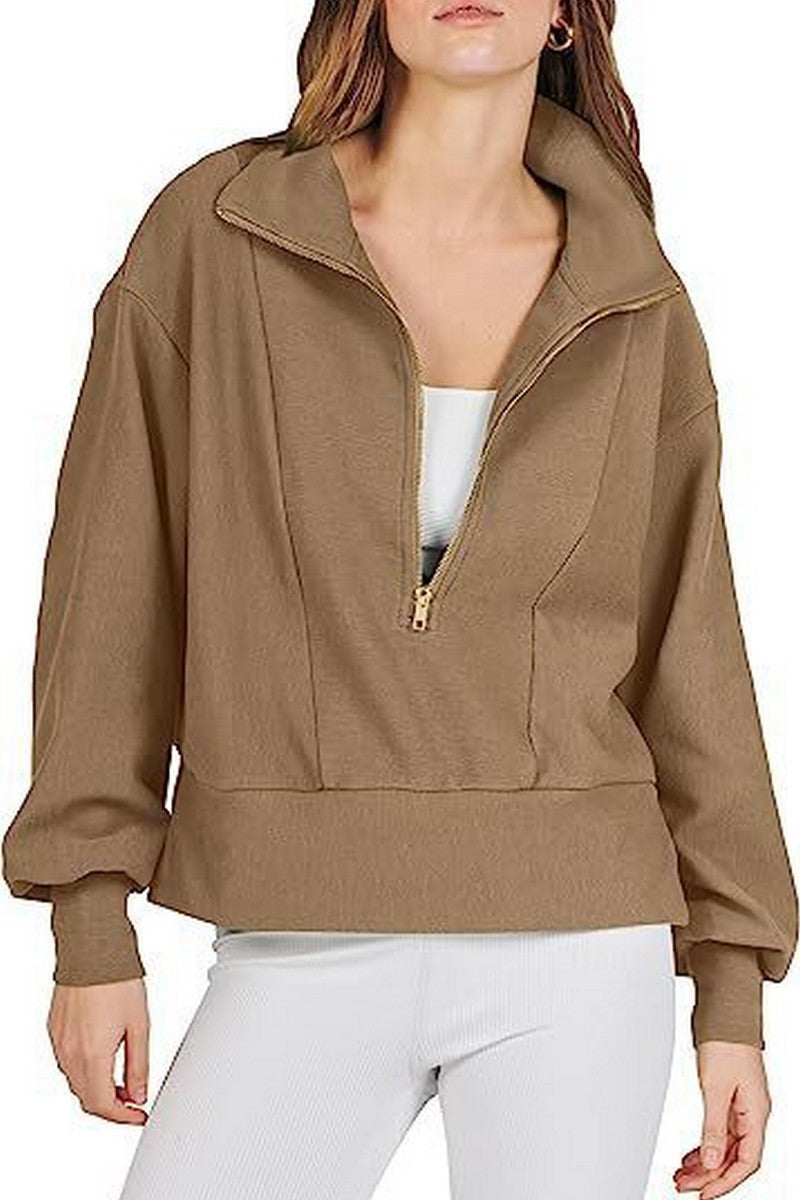 WOMEN HALF ZIP UP HIGH NECK LOOSE FIT PULLOVER