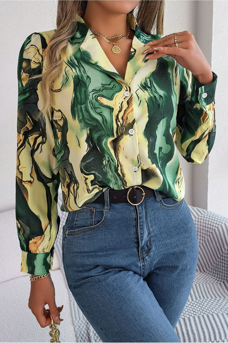 WOMEN MARBLE PATTERNED BUTTON DOWN OFFICE BLOUSE