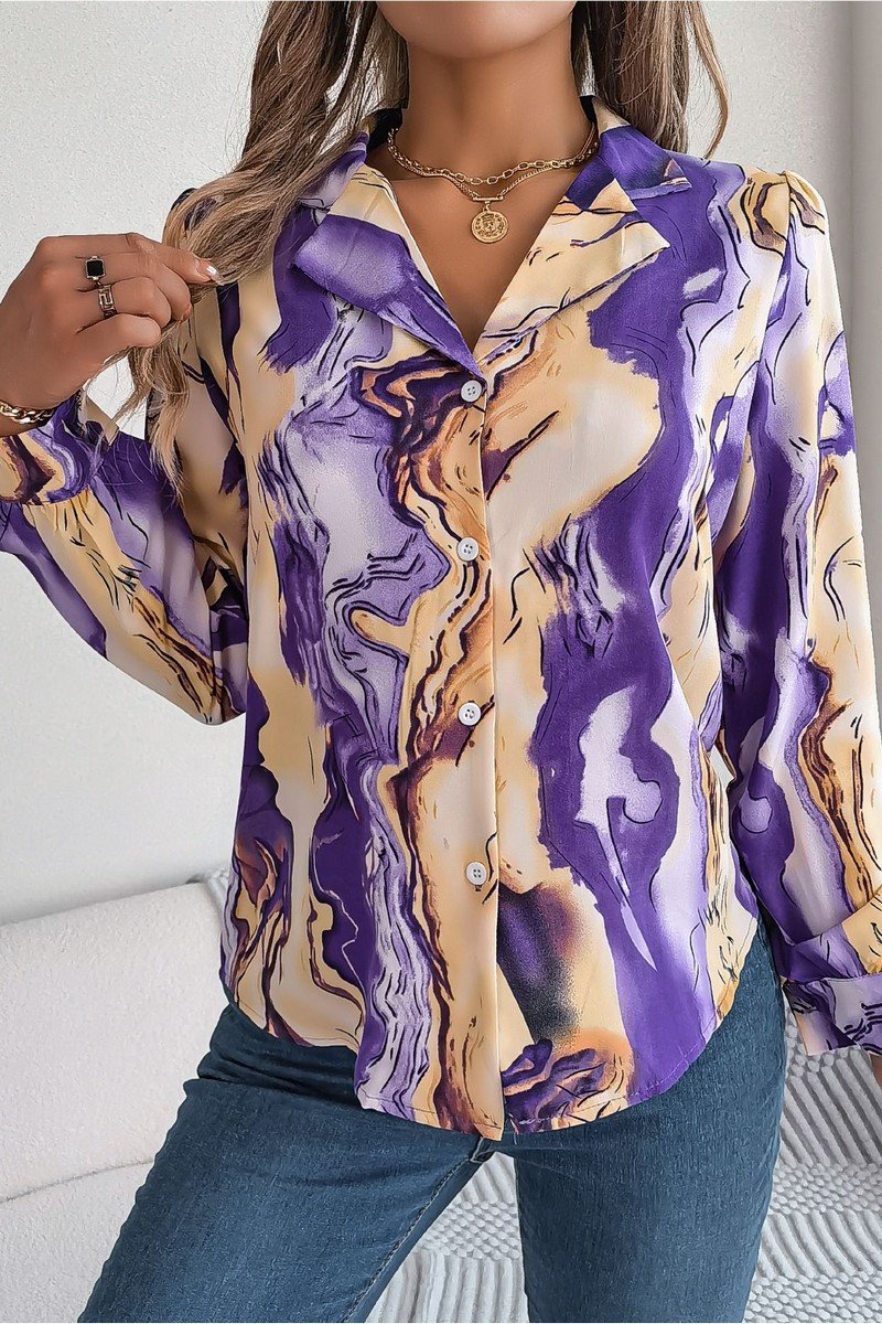 WOMEN MARBLE PATTERNED BUTTON DOWN OFFICE BLOUSE