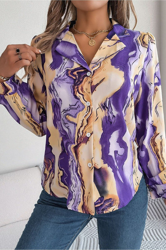 WOMEN MARBLE PATTERNED BUTTON DOWN OFFICE BLOUSE