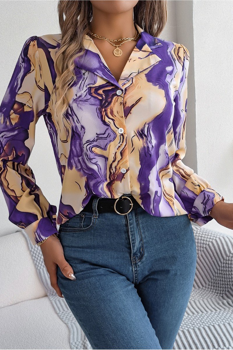 WOMEN MARBLE PATTERNED BUTTON DOWN OFFICE BLOUSE