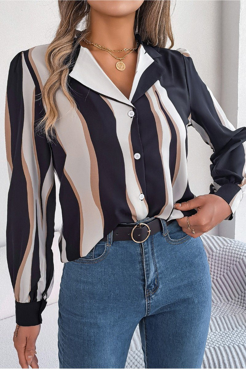 WOMEN STRIPE PATTERNED BUTTON DOWN OFFICE BLOUSE
