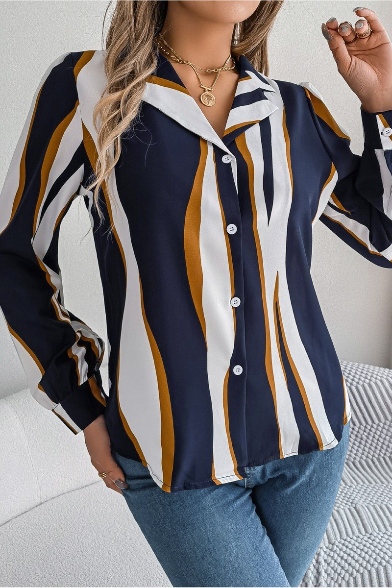 WOMEN STRIPE PATTERNED BUTTON DOWN OFFICE BLOUSE