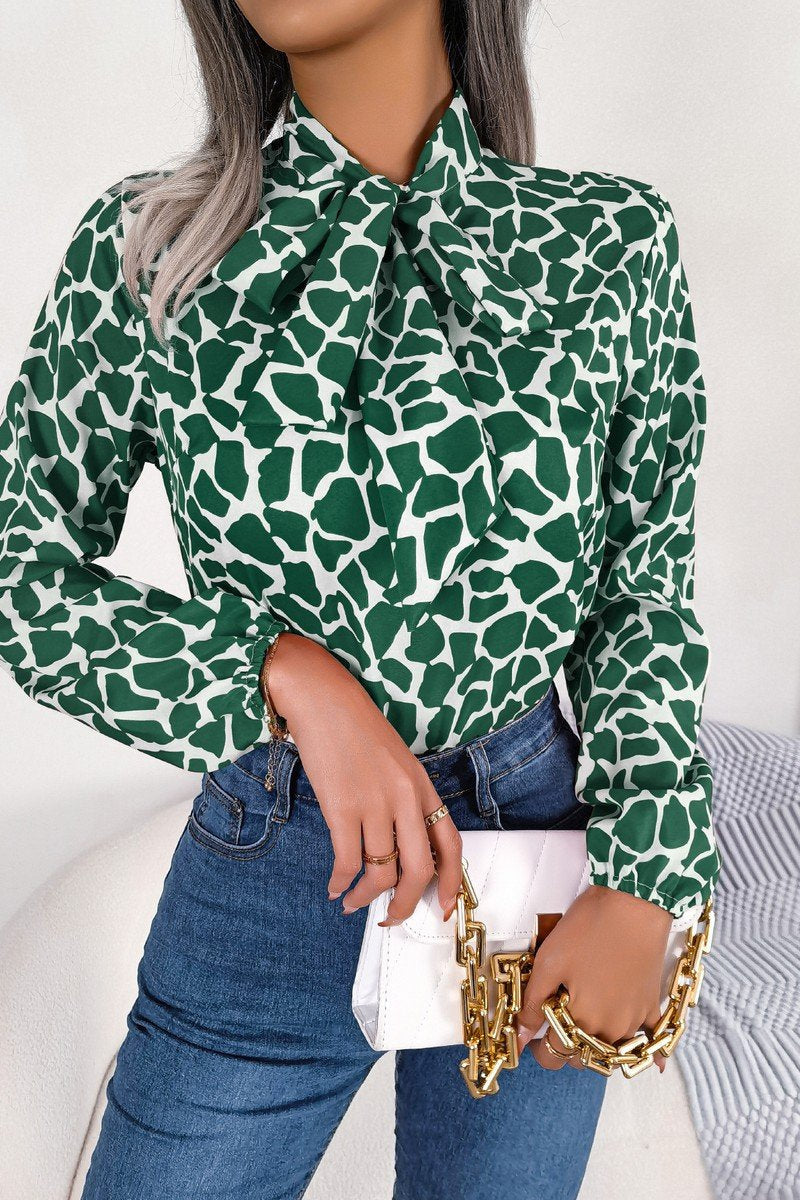 WOMEN LEOAPRD PATTERN TIED NECK OFFICE BLOUSE