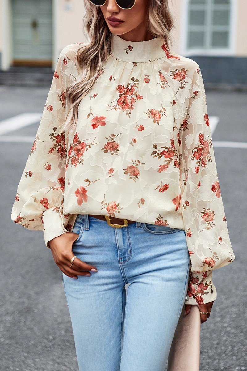 WOMEN LOOSE FIT HIGH NECK FLORAL PRINTING BLOUSE