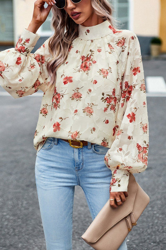 WOMEN LOOSE FIT HIGH NECK FLORAL PRINTING BLOUSE