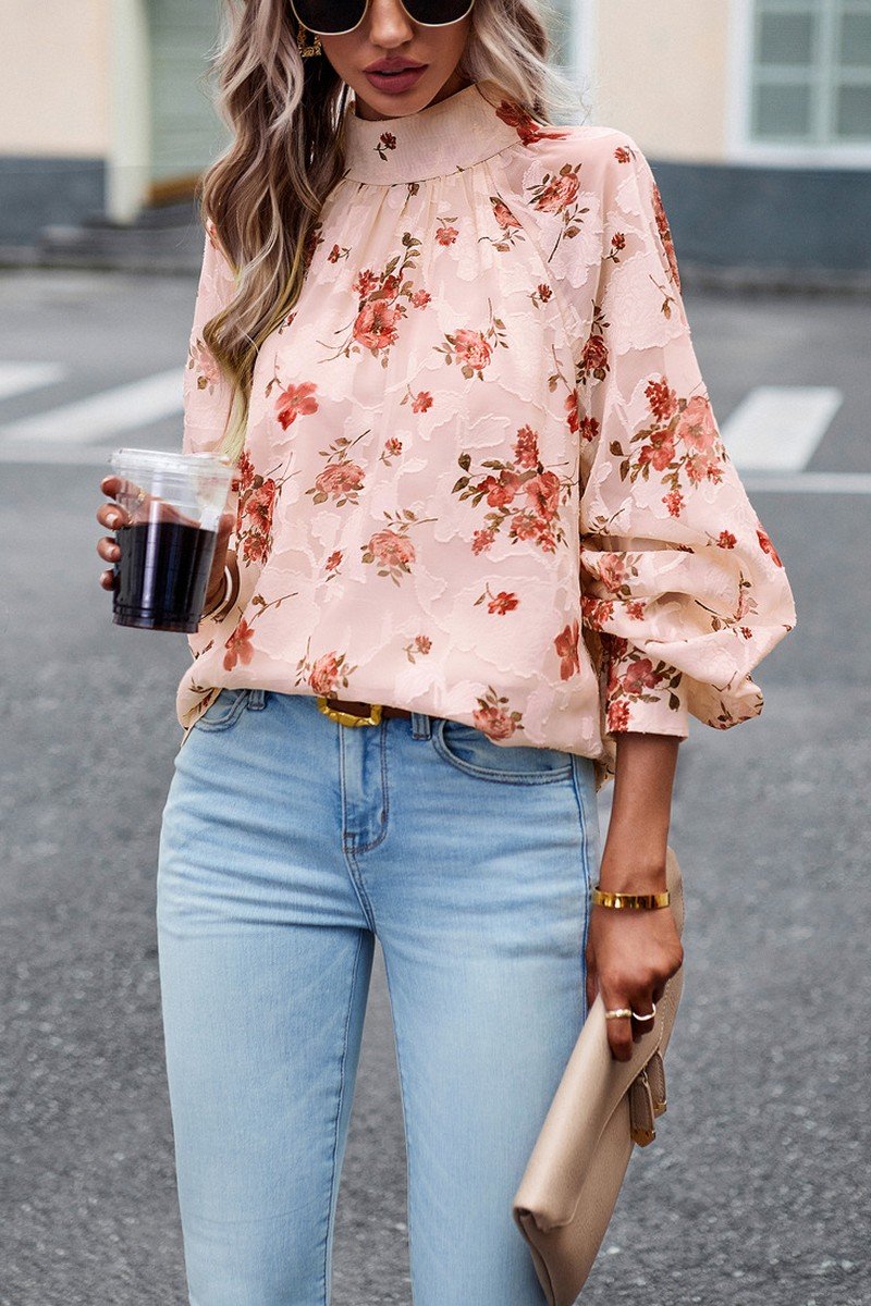 WOMEN LOOSE FIT HIGH NECK FLORAL PRINTING BLOUSE