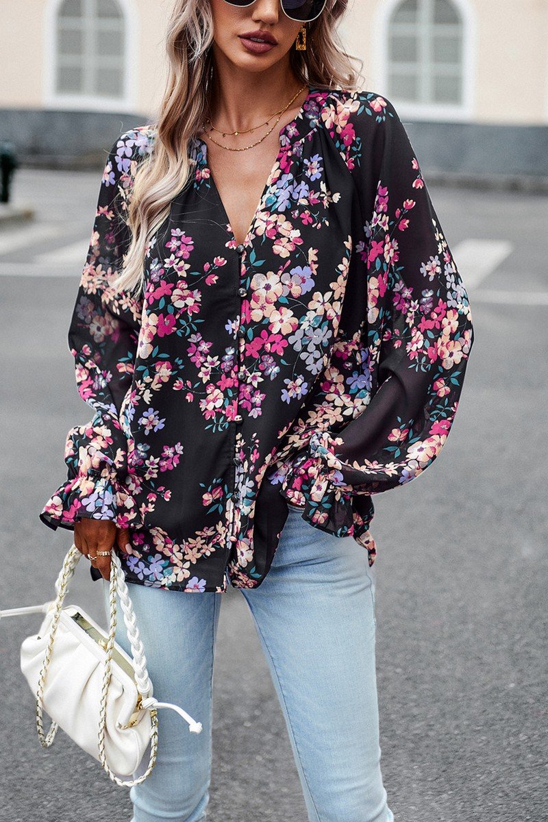 WOMEN LIGHTWEIGHT LANTERN SLEEVE BUTTON BLOUSE