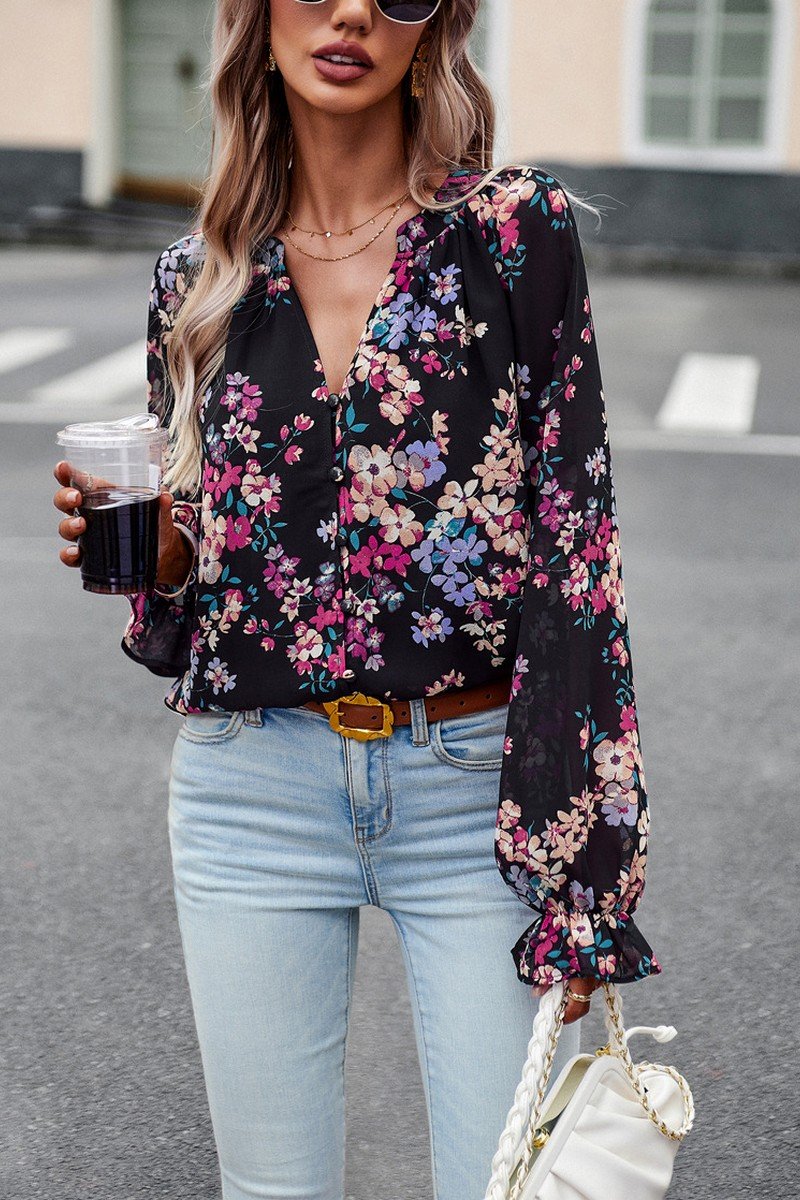 WOMEN LIGHTWEIGHT LANTERN SLEEVE BUTTON BLOUSE