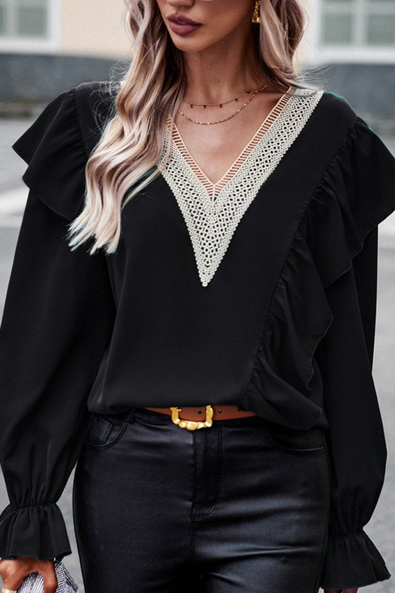 WOMEN GUIPURE LACE TRIM ANGEL SLEEVE BLOUSE