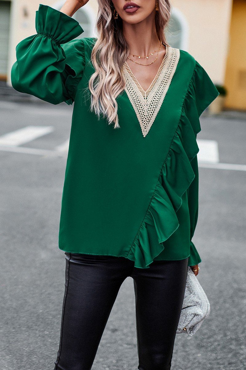 WOMEN GUIPURE LACE TRIM ANGEL SLEEVE BLOUSE