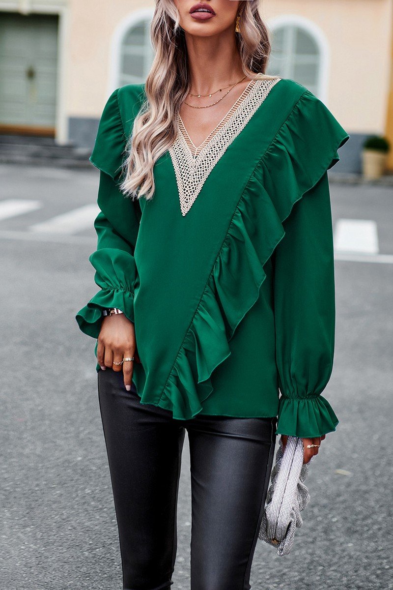 WOMEN GUIPURE LACE TRIM ANGEL SLEEVE BLOUSE