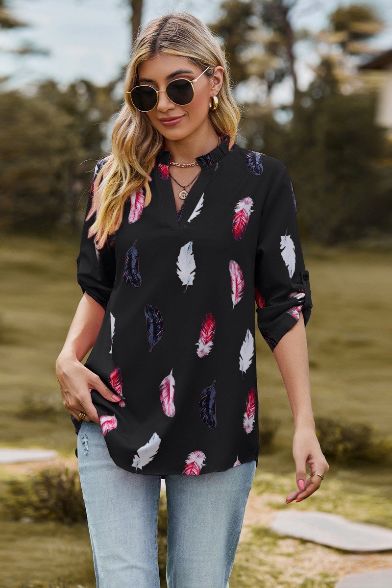 WOMEN FEATHER PRINTING SHIRRED HIGH NECK BLOUSE