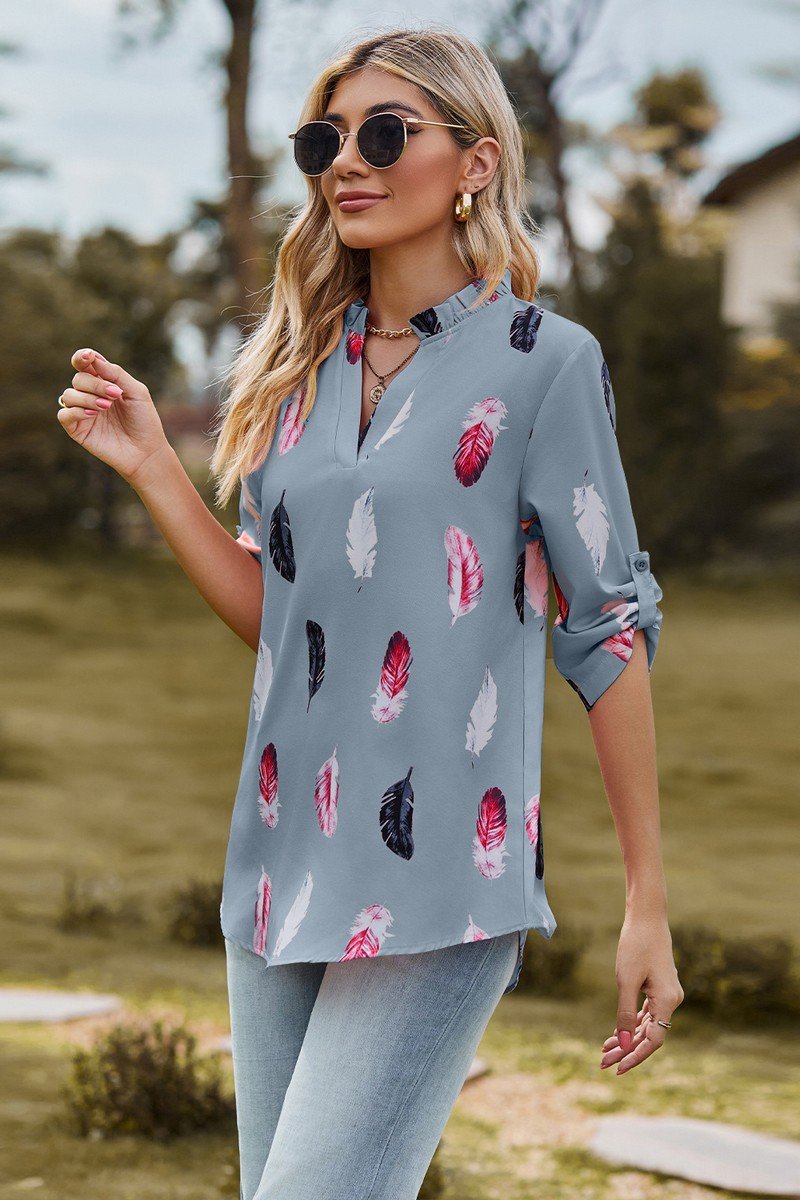 WOMEN FEATHER PRINTING SHIRRED HIGH NECK BLOUSE
