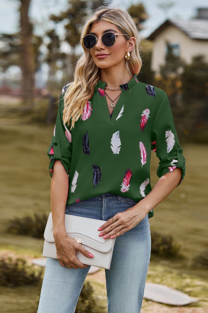 WOMEN FEATHER PRINTING SHIRRED HIGH NECK BLOUSE