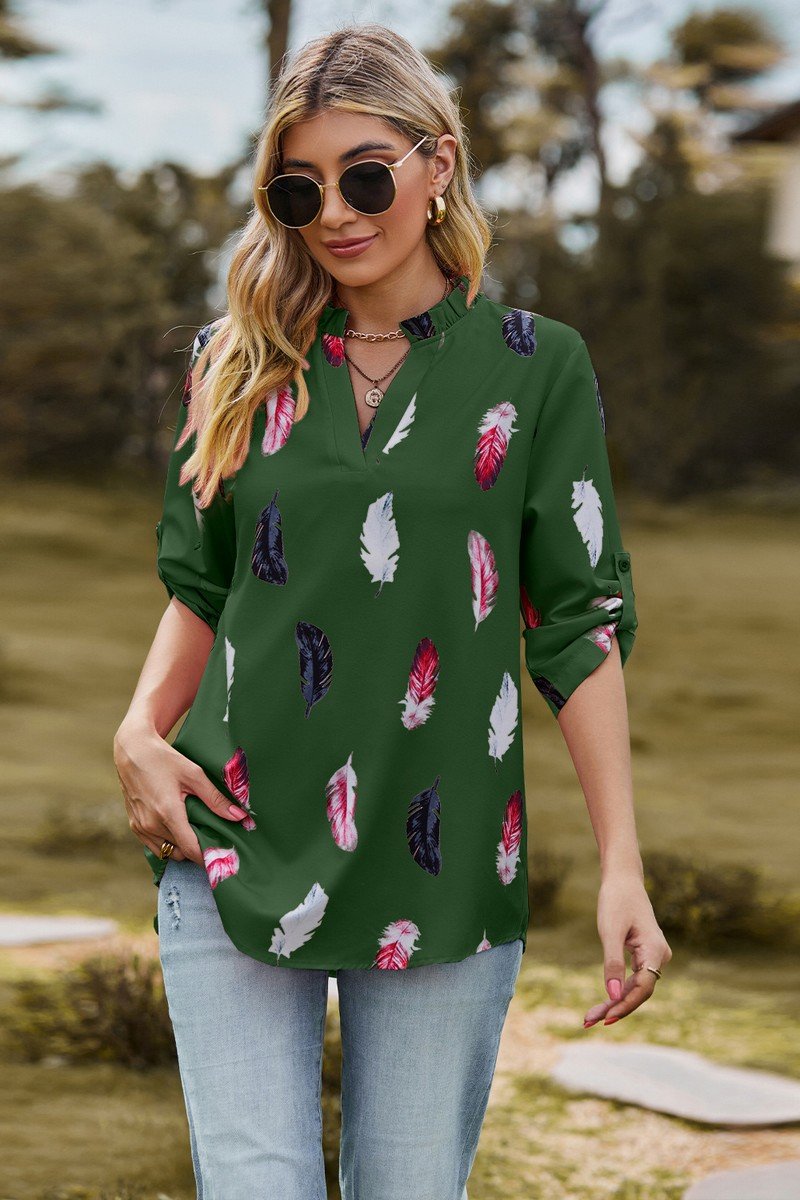 WOMEN FEATHER PRINTING SHIRRED HIGH NECK BLOUSE