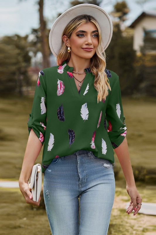 WOMEN FEATHER PRINTING SHIRRED HIGH NECK BLOUSE