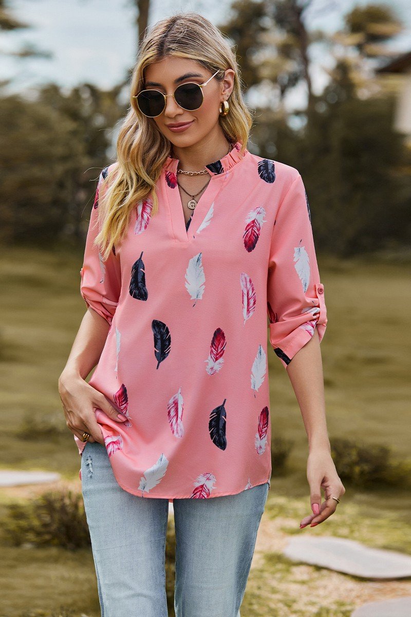 WOMEN FEATHER PRINTING SHIRRED HIGH NECK BLOUSE