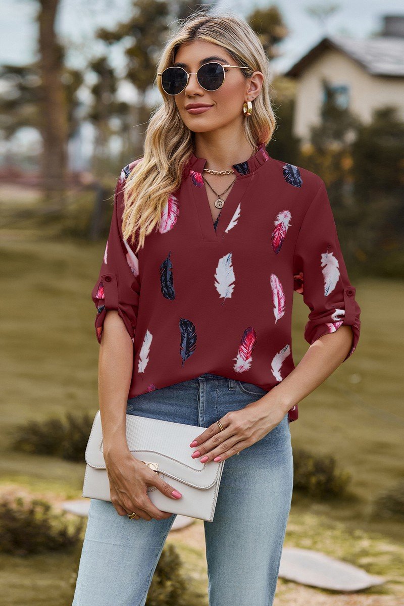 WOMEN FEATHER PRINTING SHIRRED HIGH NECK BLOUSE