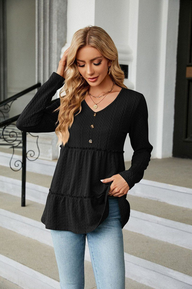 WOMEN BUTTONED NECK SHIRRED LONG SLEEVE TUNIC TOP