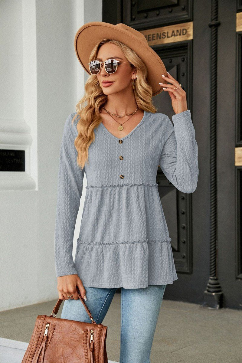 WOMEN BUTTONED NECK SHIRRED LONG SLEEVE TUNIC TOP