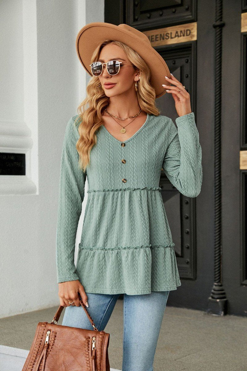WOMEN BUTTONED NECK SHIRRED LONG SLEEVE TUNIC TOP
