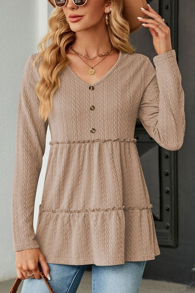 WOMEN BUTTONED NECK SHIRRED LONG SLEEVE TUNIC TOP