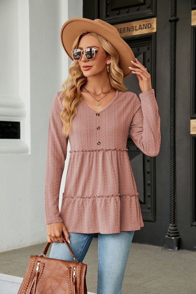 WOMEN BUTTONED NECK SHIRRED LONG SLEEVE TUNIC TOP