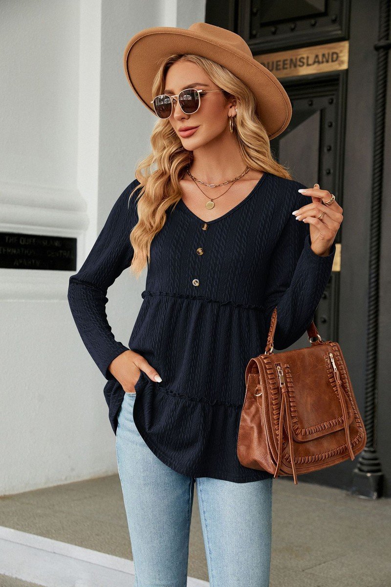 WOMEN BUTTONED NECK SHIRRED LONG SLEEVE TUNIC TOP