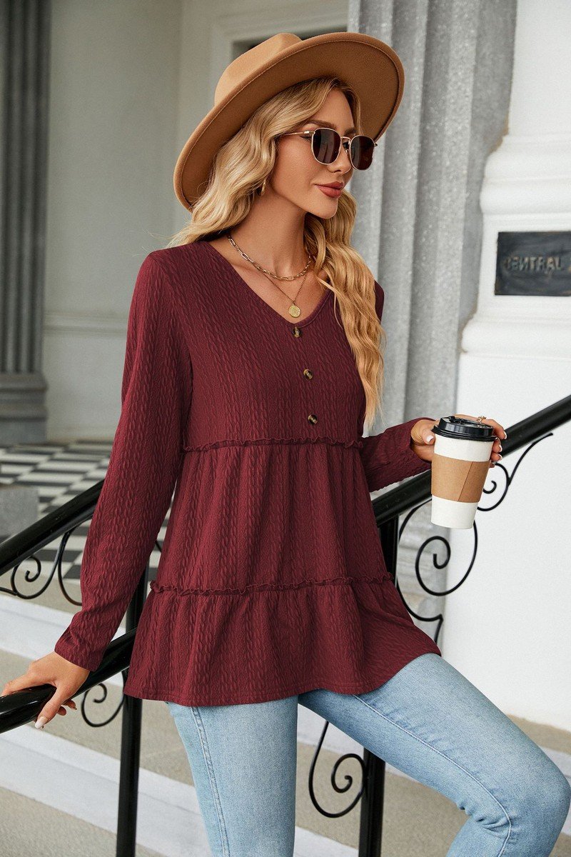 WOMEN BUTTONED NECK SHIRRED LONG SLEEVE TUNIC TOP