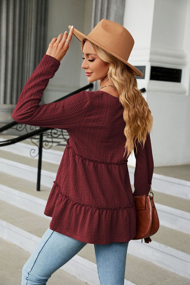 WOMEN BUTTONED NECK SHIRRED LONG SLEEVE TUNIC TOP