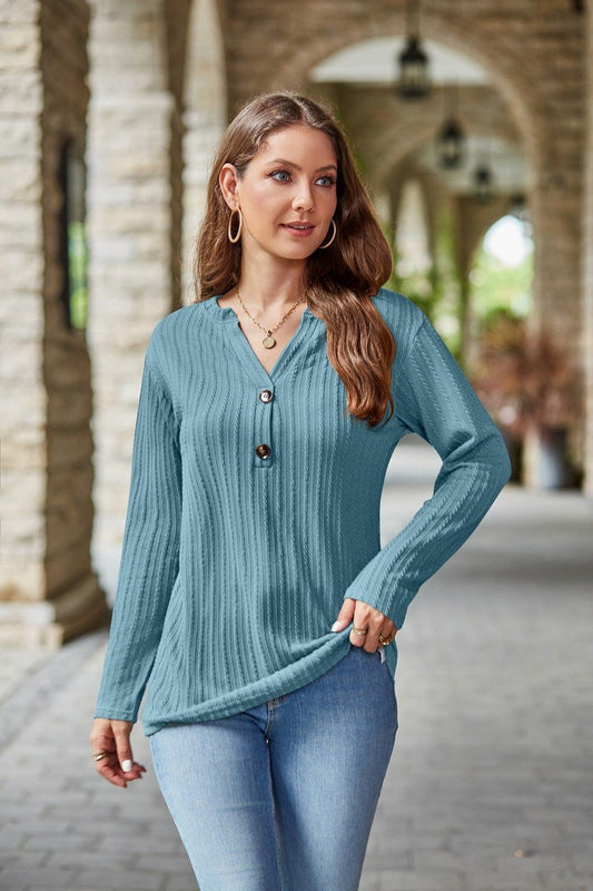 WOMEN TWISTED CABLE STITCHED HENLEY NECK BLOUSE