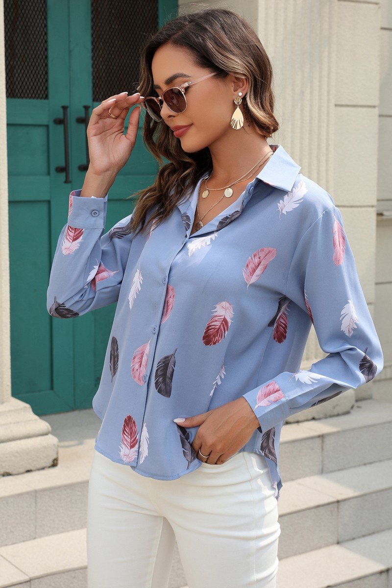 WOMEN FEATHER PRINTING BUTTON DOWN BLOUSE TOP