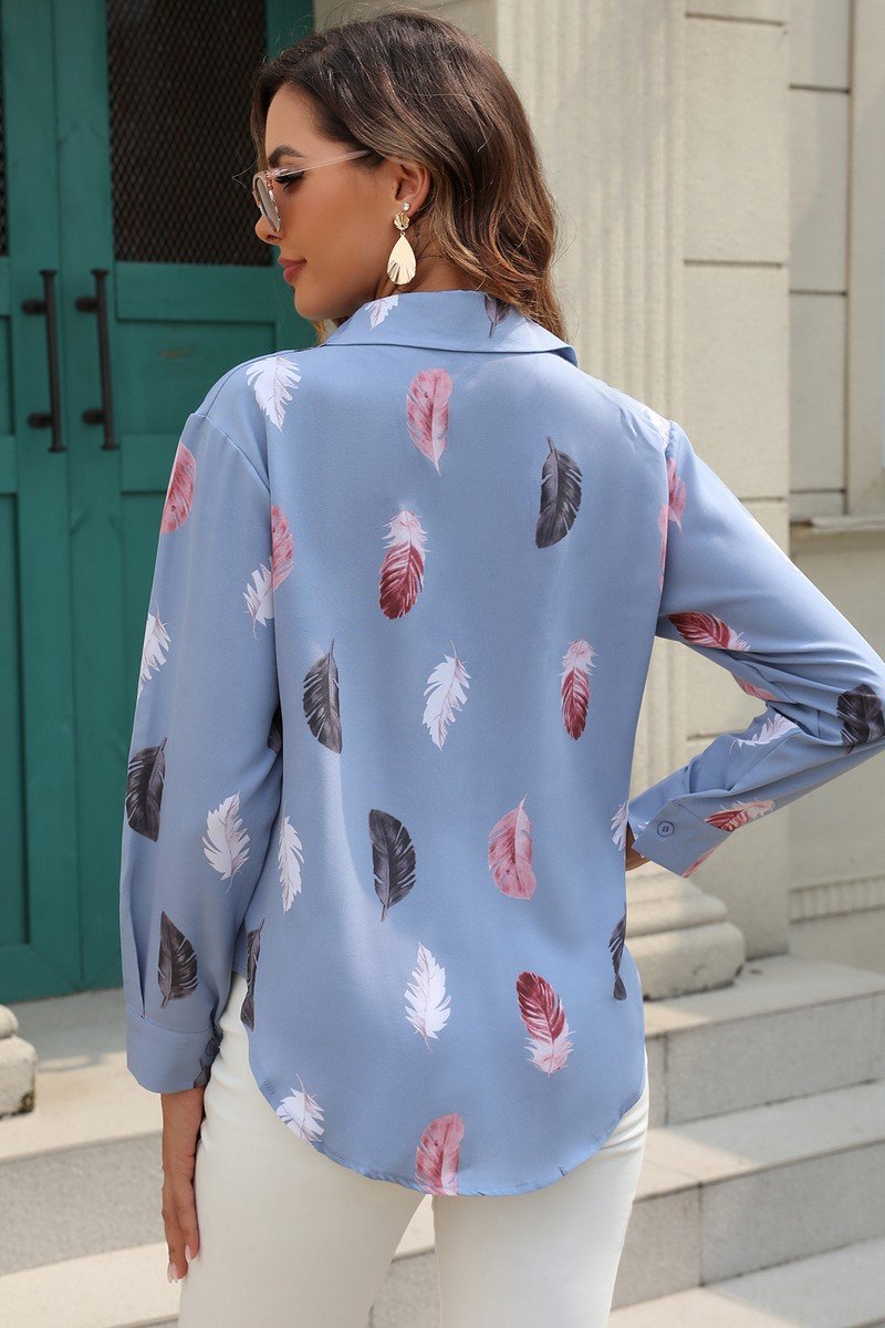 WOMEN FEATHER PRINTING BUTTON DOWN BLOUSE TOP