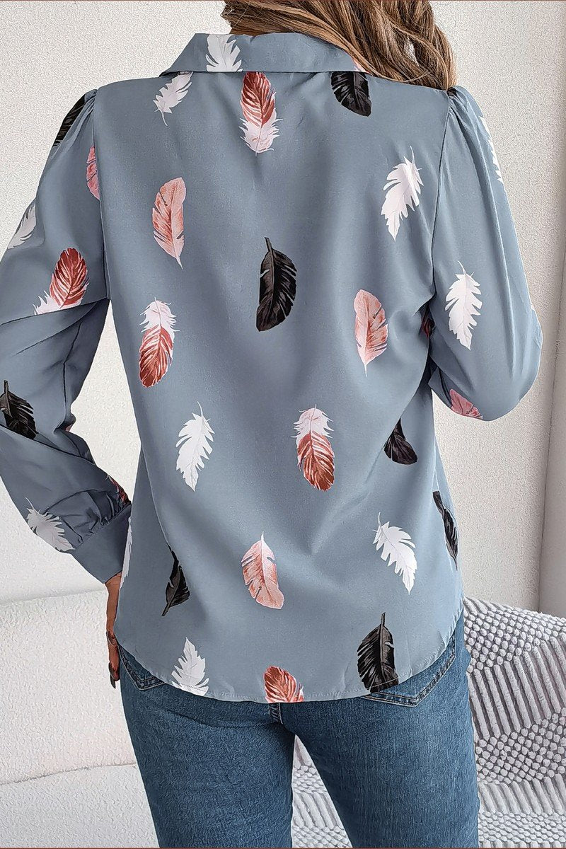 WOMEN ELEGANT DANDY FEATHER PRINT BLOUSE TOP