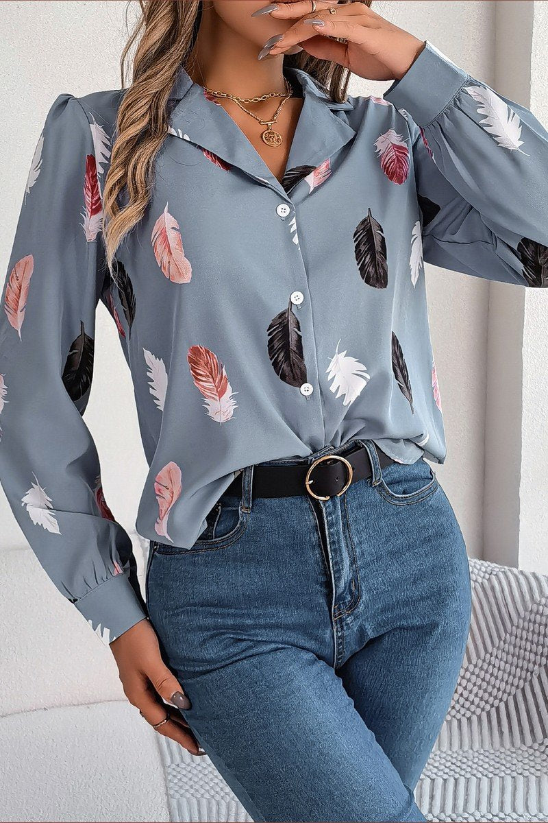 WOMEN ELEGANT DANDY FEATHER PRINT BLOUSE TOP