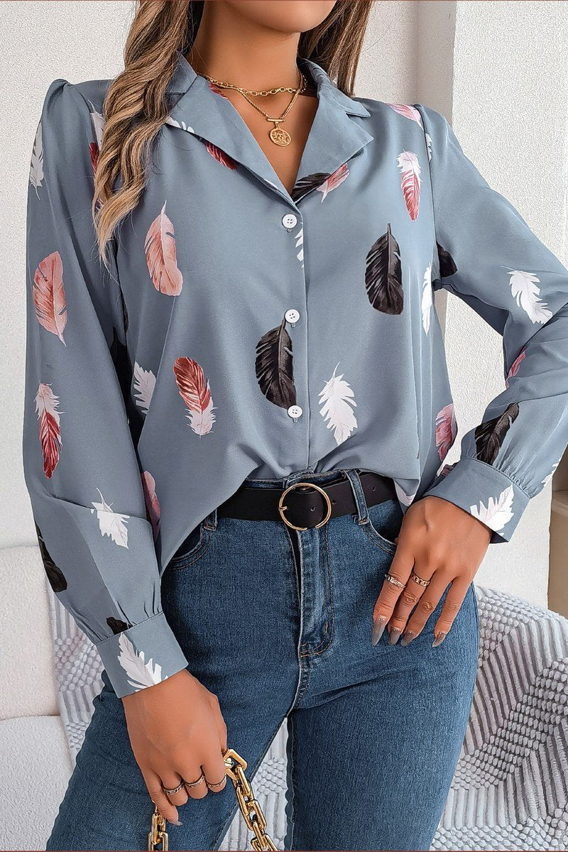 WOMEN ELEGANT DANDY FEATHER PRINT BLOUSE TOP