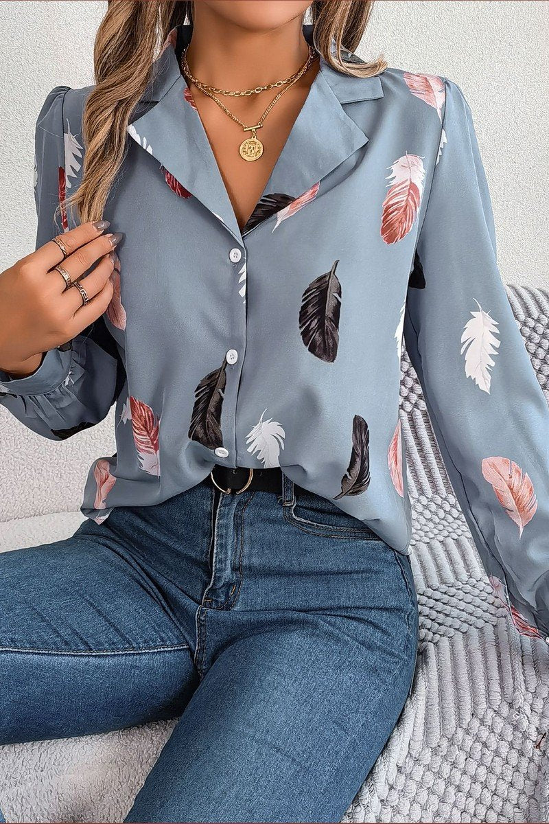 WOMEN ELEGANT DANDY FEATHER PRINT BLOUSE TOP