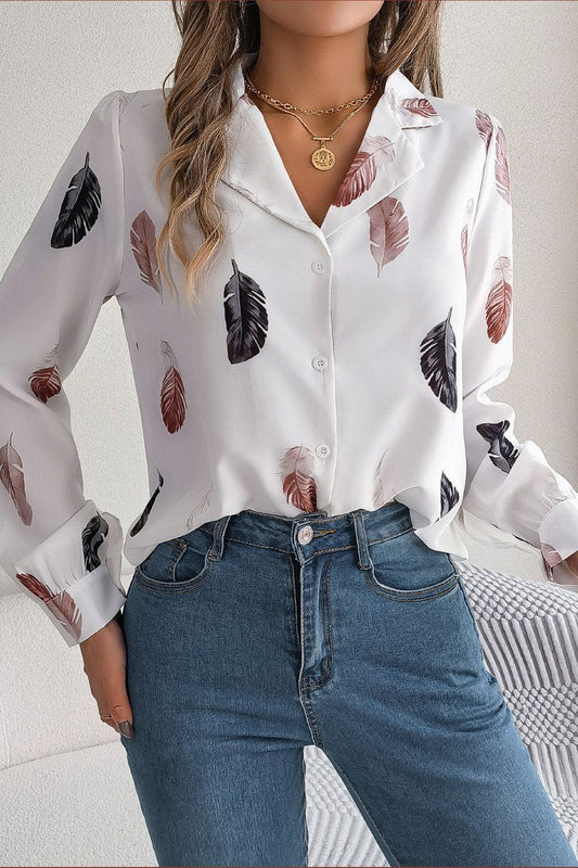 WOMEN ELEGANT DANDY FEATHER PRINT BLOUSE TOP
