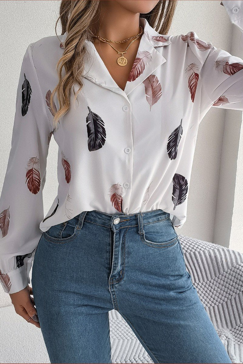 WOMEN ELEGANT DANDY FEATHER PRINT BLOUSE TOP